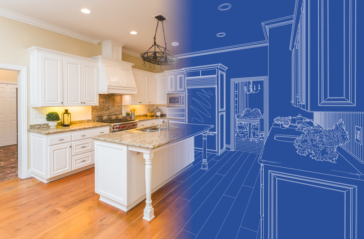 Kitchen Blueprint Drawing Gradating Into Finished Build Kitchen Blueprint